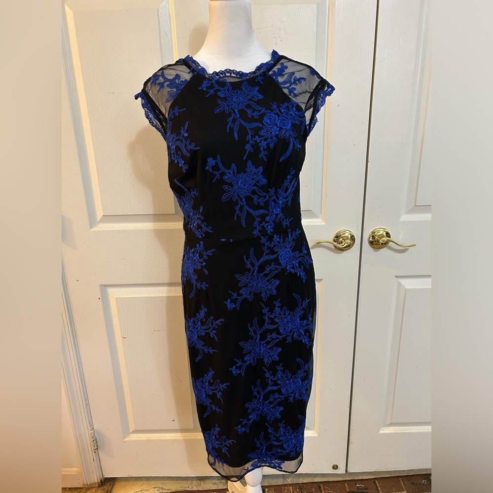 Hailey by Adrianna Papell black sheath dress with vivid blue lace, size 8
